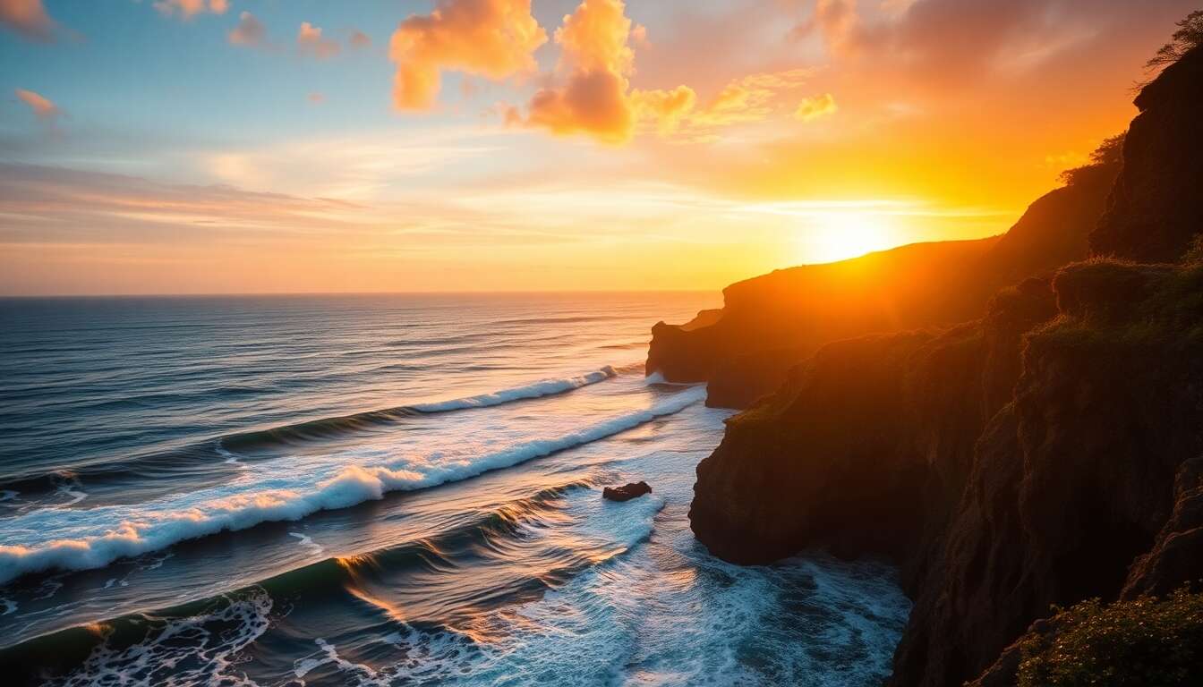 Coucher de soleil et vagues à uluwatu