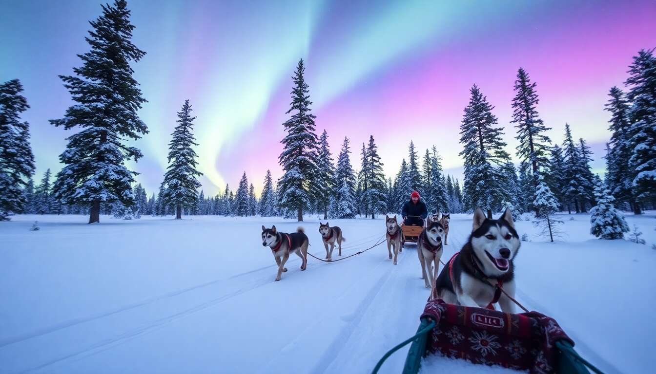 Expérience unique : traîneau à chiens et chasse aux aurores boréales
